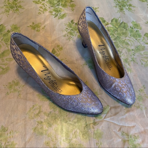 VINTAGE Purple Cheetah Glitter Heels Size 5.5 - Picture 3 of 8